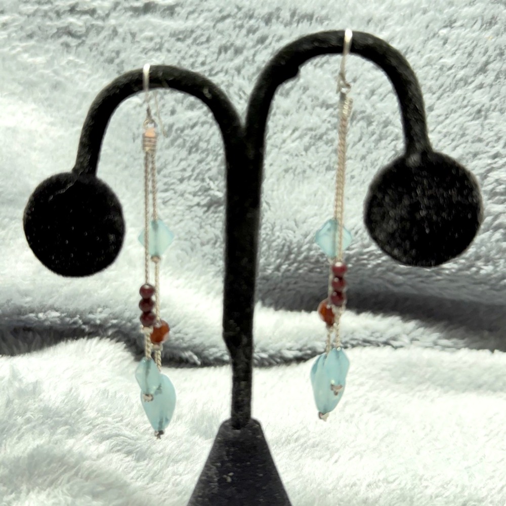 Dangle Drop Earrings Blue‎ Aqua Gemstones Silver Tone Chain Dangle Boho